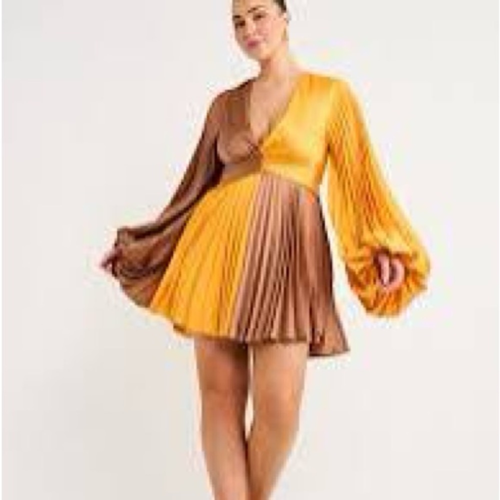 Acler Two-Tone Pleated Mini Dress in Mustard and Brown
